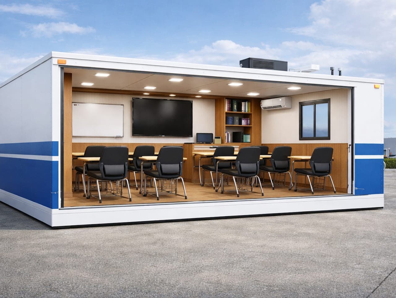 A fully equipped modular classroom unit with desks, chairs and a screen