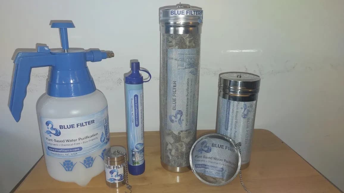 Blue Filter plant-based purification products: a pressure sprayer, a portable straw filter, and seed-filled filter cartridges
