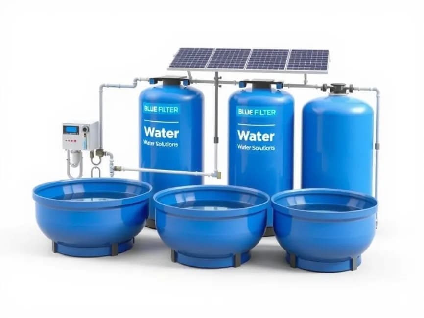 Blue Filter treatment system: a solar panel powering three filtration tanks that feed three water basins